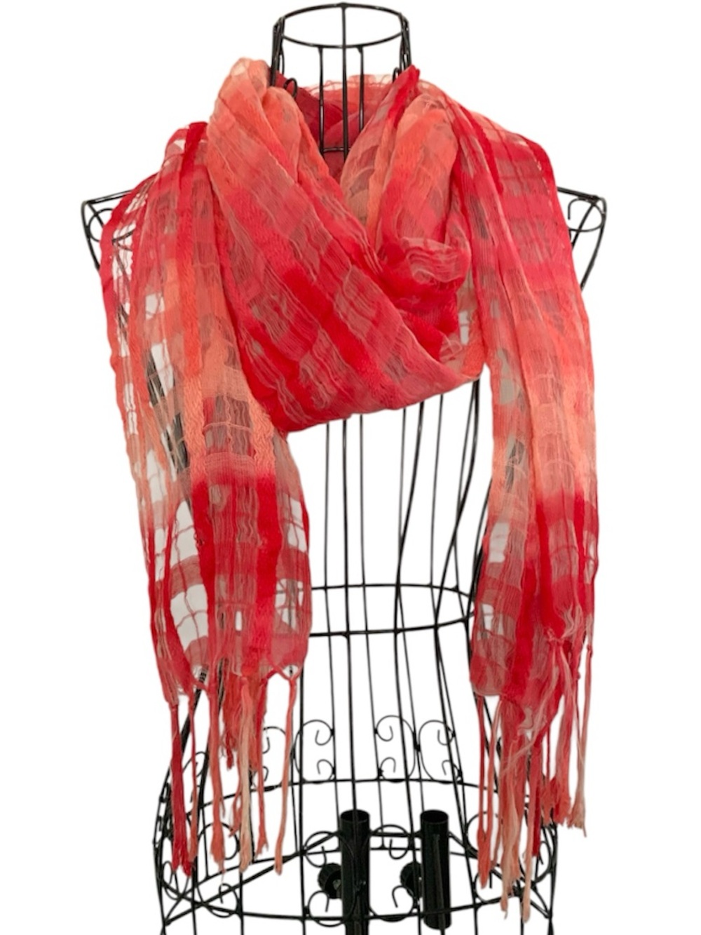 VTG Y2K Sheer Fringe Scarf – Coral & Pinkish Red Plaid Open Weave Wrap
